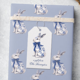 Waterverf Blauw & Wit Chinoiserie Bunny Rabbit Cadeaulabel