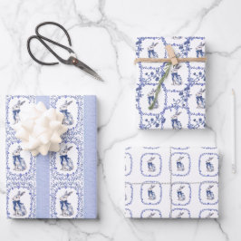 Waterverf Blauw & Wit Chinoiserie Bunny Rabbit Inpakpapier Vel