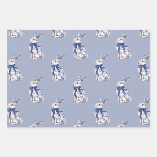 Waterverf Blauw & Wit Chinoiserie Bunny Rabbit Inpakpapier Vel (Voorkant 2)