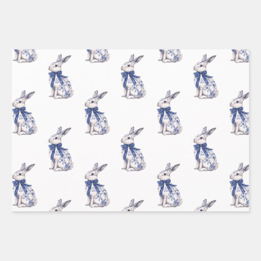 Waterverf Blauw & Wit Chinoiserie Bunny Rabbit Inpakpapier Vel (Voorkant)