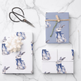 Waterverf Blauw & Wit Chinoiserie Bunny Rabbit Inpakpapier Vel