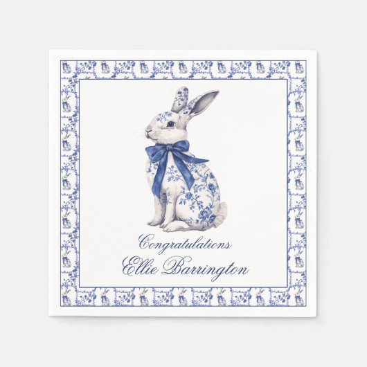Waterverf Blauw & Wit Chinoiserie Bunny Rabbit Servet (Voorkant)