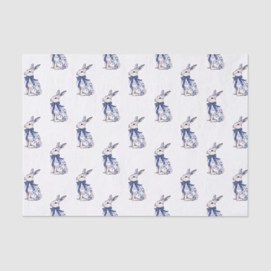 Waterverf Blauw & Wit Chinoiserie Bunny Rabbit Tissuepapier (Voorkant)