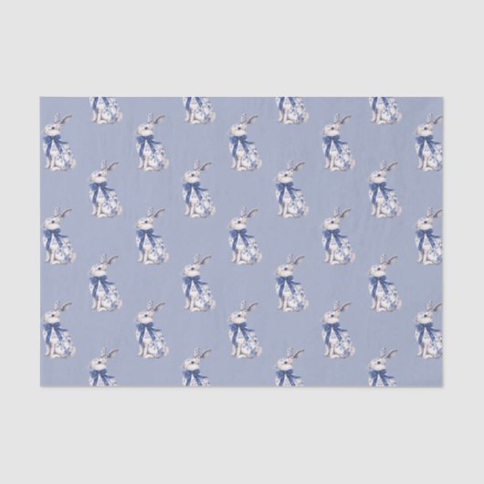 Waterverf Blauw & Wit Chinoiserie Bunny Rabbit Tissuepapier (Voorkant)