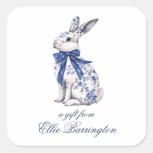 Waterverf Blauw & Wit Chinoiserie Bunny Rabbit Vierkante Sticker (Voorkant)