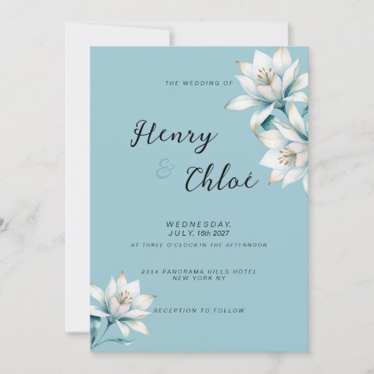 Waterverf blauw wit goud lelie bloemenbruiloft kaart (Voorkant)