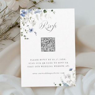 Waterverf Blauw Wit Groen Bloem Bruiloft QR Code RSVP Kaartje