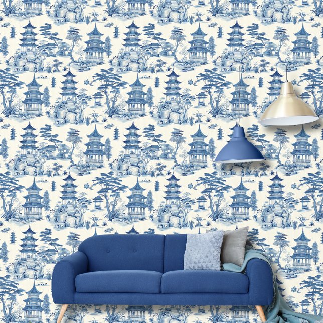 Waterverf Blauw Wit Japans Pagoda Landschap Behang (Creator heeft geüpload)