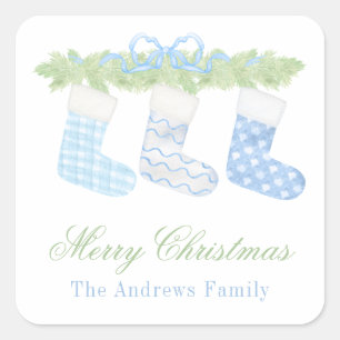 Waterverf Blauw & Wit Kerst Kousen Gift Vierkante Sticker