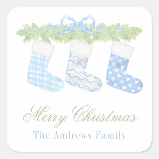 Waterverf Blauw & Wit Kerst Kousen Gift Vierkante Sticker (Voorkant)