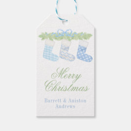 Waterverf Blauw & Wit Kerstkousen Cadeaulabel