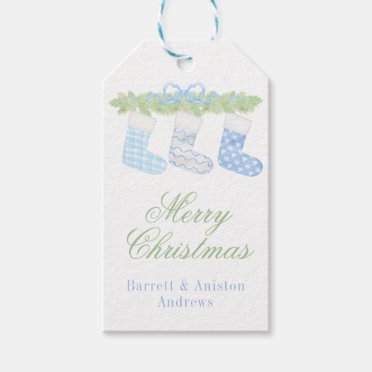 Waterverf Blauw & Wit Kerstkousen Cadeaulabel (Voorkant)