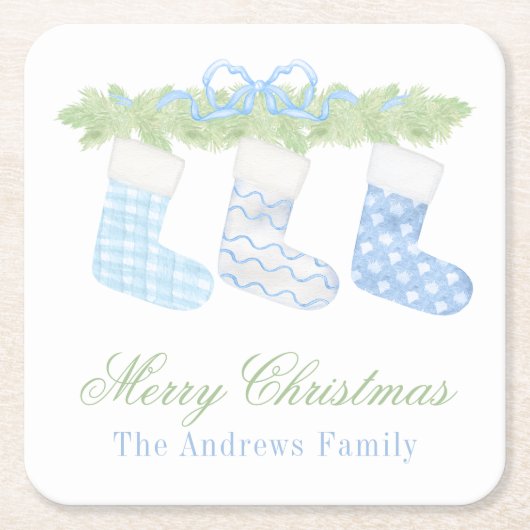 Waterverf Blauw & Wit Kerstkousen Kartonnen Onderzetters (Voorkant)
