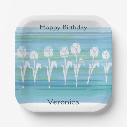 Waterverf Blauw Wit Verjaardag Kinder Tulp Papieren Bordje (Voorkant)