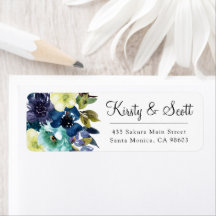Waterverf Blauw & Witte Bloemen Trouwadres Label