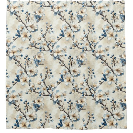 Waterverf Blauw Witte Bloempatroon Douchegordijn (Voorkant)