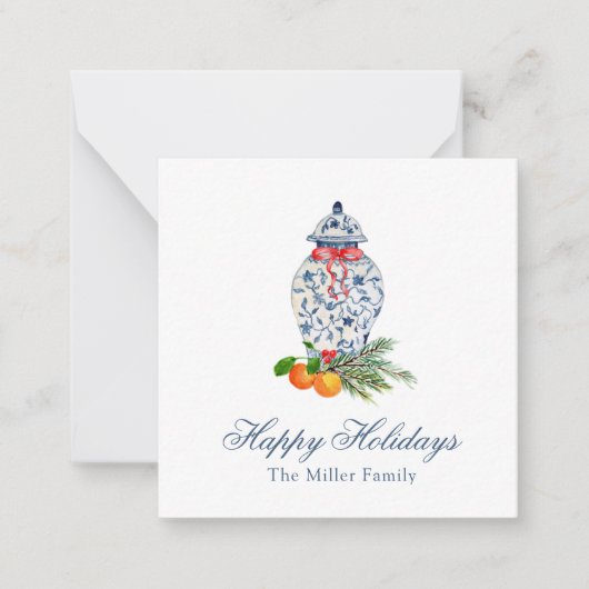 Waterverf Blauw-witte gember Jar Christmas Notitiekaartje (Voorkant)