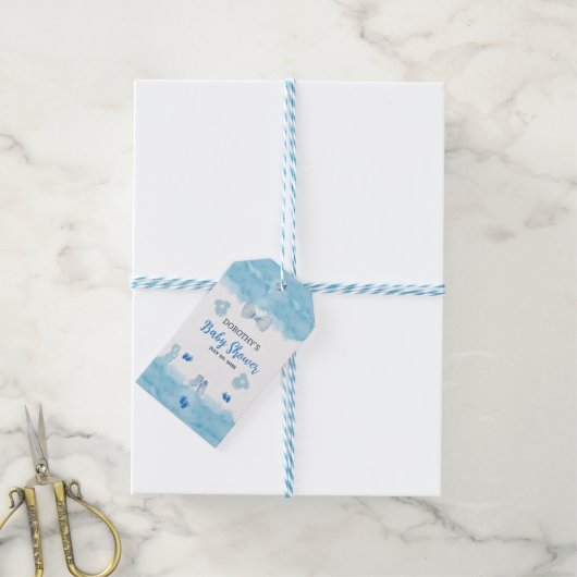 Waterverf blauw wolk pastelborstel Baby Jongensdou Cadeaulabel (Met Touw)