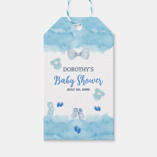 Waterverf blauw wolk pastelborstel Baby Jongensdou Cadeaulabel (Voorkant)