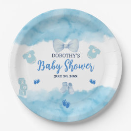Waterverf blauw wolk pastelborstel Baby Jongensdou Papieren Bordje
