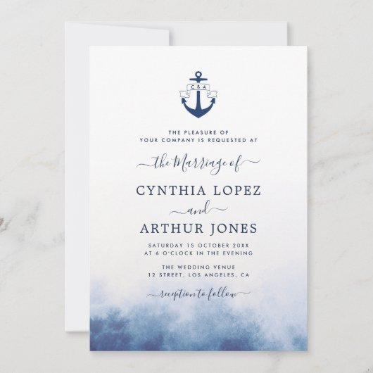 waterverf blauw zee thema nautische bruiloft kaart (Voorkant)