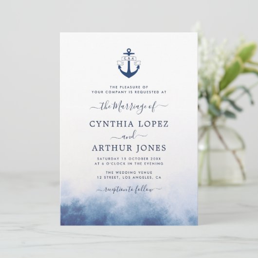 waterverf blauw zee thema nautische bruiloft kaart (Staand voorkant)
