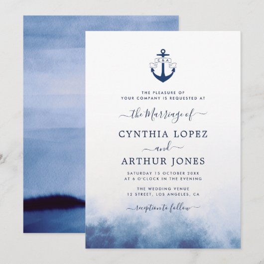 waterverf blauw zee thema nautische bruiloft kaart (Voorkant / Achterkant)
