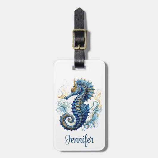 Waterverf blauw zeepaard ontwerp bagagelabel (Voorkant verticaal)