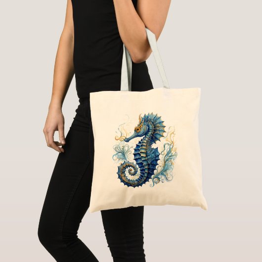 Waterverf blauw zeepaardontwerp tote bag (Voorkant (product))