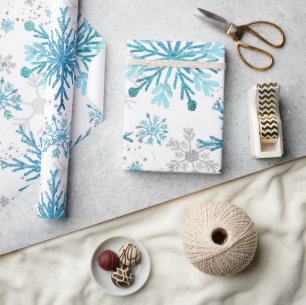 Waterverf Blauw & Zilver Glitter Winter Sneeuwvlok Cadeaupapier
