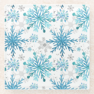 Waterverf Blauw & Zilver Glitter Winter Sneeuwvlok Glazen Onderzetter