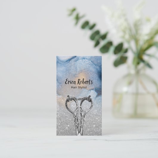 Waterverf Blauw zilveren glitter voor haarstijllij Visitekaartje (Staand voorkant)