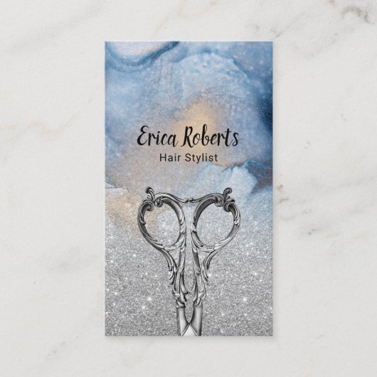 Waterverf Blauw zilveren glitter voor haarstijllij Visitekaartje (Voorkant)