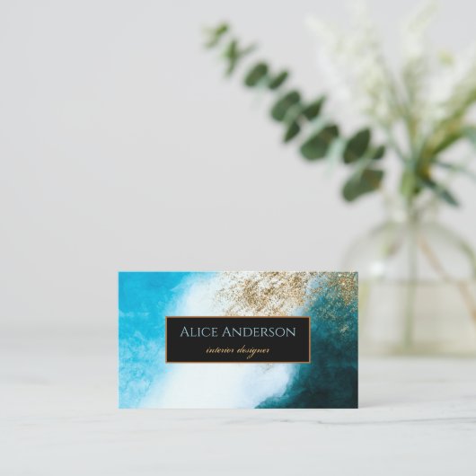 Waterverf blauw zwart goud glitter designer visitekaartje (Staand voorkant)