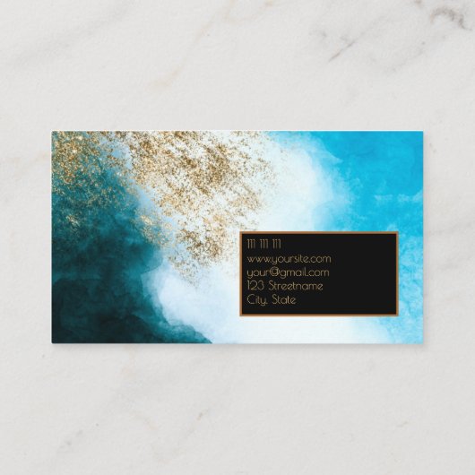 Waterverf blauw zwart goud glitter designer visitekaartje (Achterkant)