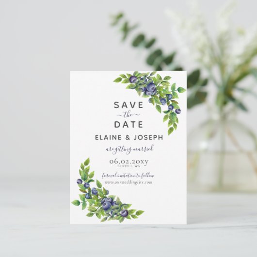 waterverf blauwbessen blauwe botanische bruiloft aankondigingskaart (Staand voorkant)
