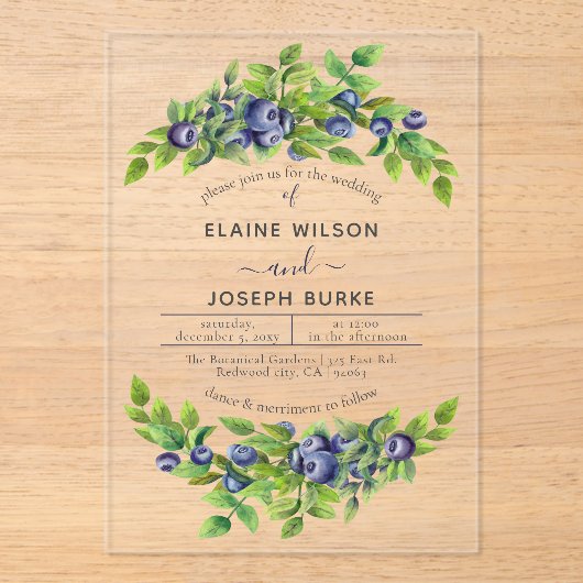 waterverf blauwbessen blauwe botanische bruiloft acryl uitnodigingen (Voorkant)