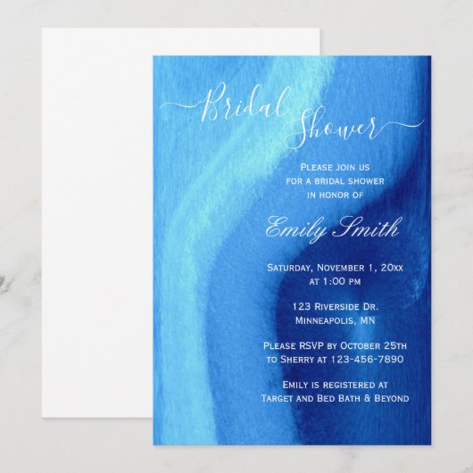 Waterverf Blauwe Agaat Bruids Douche Uitnodiging (Voorkant / Achterkant)