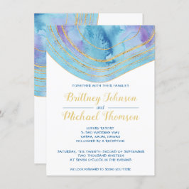 Waterverf Blauwe Agaat met Gouden Folie Bruiloft Kaart