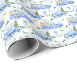Waterverf  blauwe auto's met kerstbomen cadeaupapier