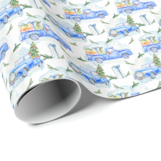 Waterverf  blauwe auto's met kerstbomen cadeaupapier (Rol Hoek)