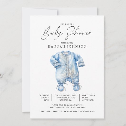 Waterverf Blauwe Baby Kleding Jongensdouche Kaart (Voorkant)