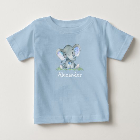 Waterverf Blauwe Baby Olifant op groen Blauw (Voorkant)