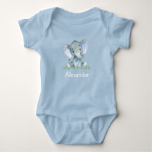Waterverf Blauwe Baby Olifant op groen Blauw