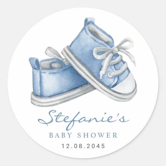 Waterverf Blauwe Baby Schoentjes Baby Shower Ronde Sticker (Voorkant)