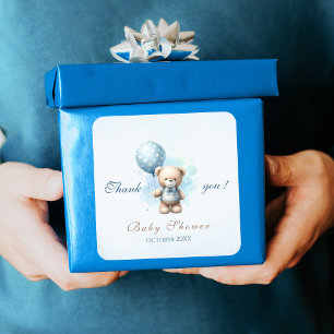 Waterverf Blauwe Ballon Teddbeer Baby Shower Vierkante Sticker