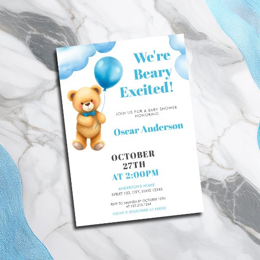 Waterverf Blauwe Ballon Teddbeer Babyshower Kaart