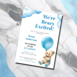 Waterverf Blauwe Ballon Zittende Beer Baby Shower Kaart