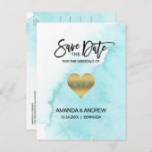 Waterverf Blauwe Beach Bestemming BEWAREN DE DATUM Aankondigingskaart (Voorkant / Achterkant)