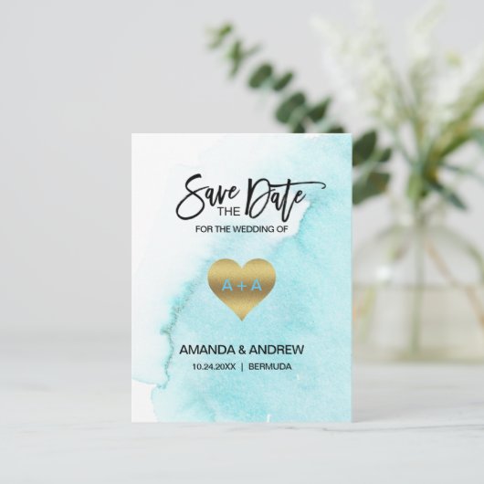 Waterverf Blauwe Beach Bestemming BEWAREN DE DATUM Aankondigingskaart (Staand voorkant)